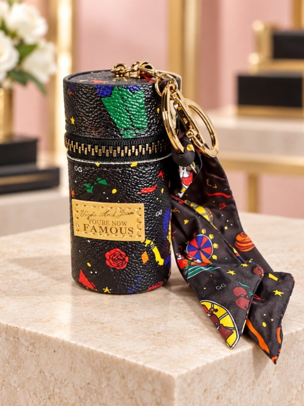 Circus Print Mini Barrel Keychain Case Bag Charm Scarf New
